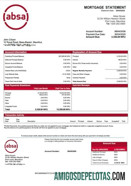 imprimível Modelo Word e PDF de extrato de hipoteca do Banco Maurício Absa